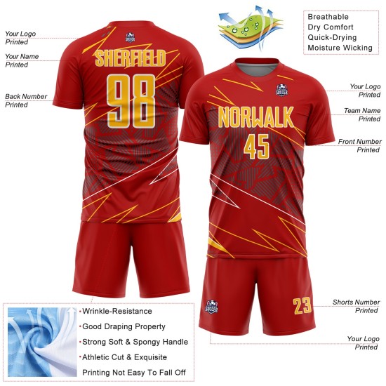 Red Sports Sublimation Jersey Uniform Lines Gold-White Soccer Custom