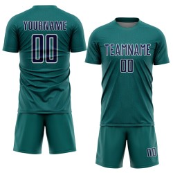 Custom Geometric Teal Jersey Navy-White Soccer Sports Shape Sublimation Uniform