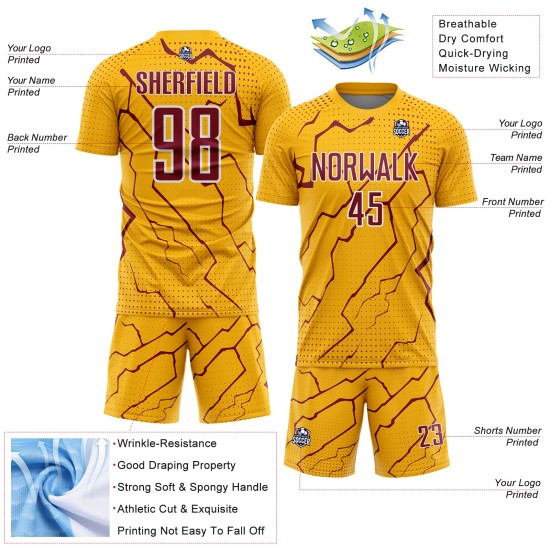 Sublimation Uniform Lightning Crimson-White Soccer Jersey Sports Gold Custom