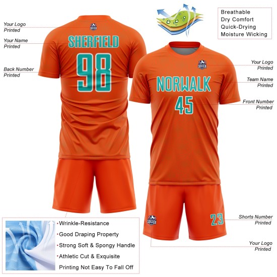 Custom Orange Uniform Sublimation Soccer Jersey Geometric Sports Shape Aqua-White