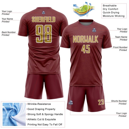 Soccer Sublimation Shape Burgundy Uniform Old Gold-White Custom Jersey Sports Geometric