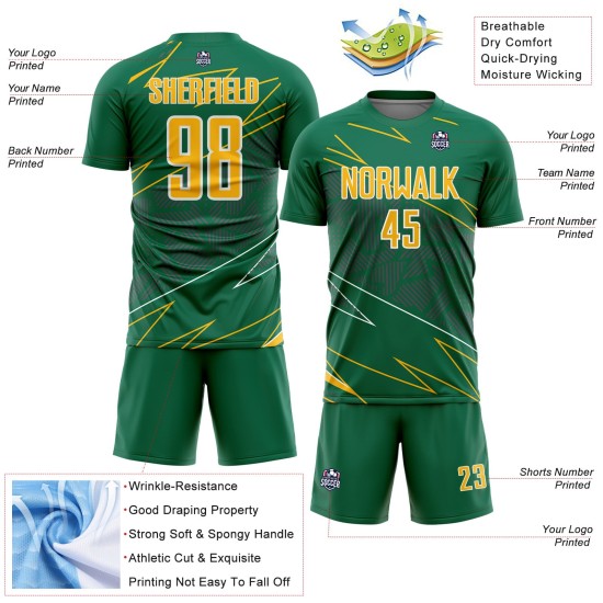 Soccer Sports Green Lines Custom Uniform Kelly Gold-White Sublimation Jersey
