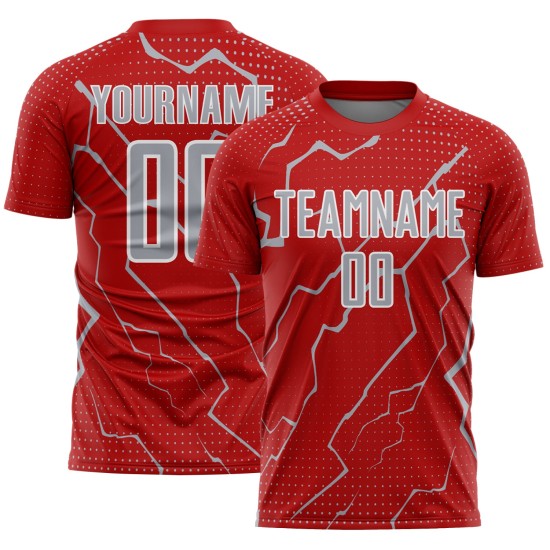 Lightning Soccer Sports Jersey Sublimation Gray-White Custom Red Uniform